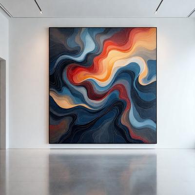 The primary subject of the image is a large, colorful painting hanging on a white wall. The painting features a blue and orange color scheme, creating a vibrant and lively atmosphere. The setting is a room with a white wall, which serves as a clean and neutral backdrop for the painting. The visual style of the image is a combination of artistic expression and digital art, as the painting appears to be a digital creation.